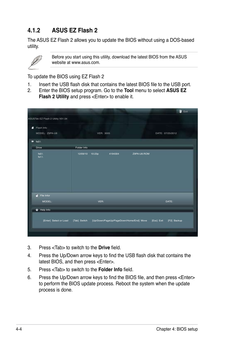 2 asus ez flash 2, Asus ez flash 2 -4, 4 chapter 4: bios setup | Asus Z9PA-U8 User Manual | Page 66 / 188