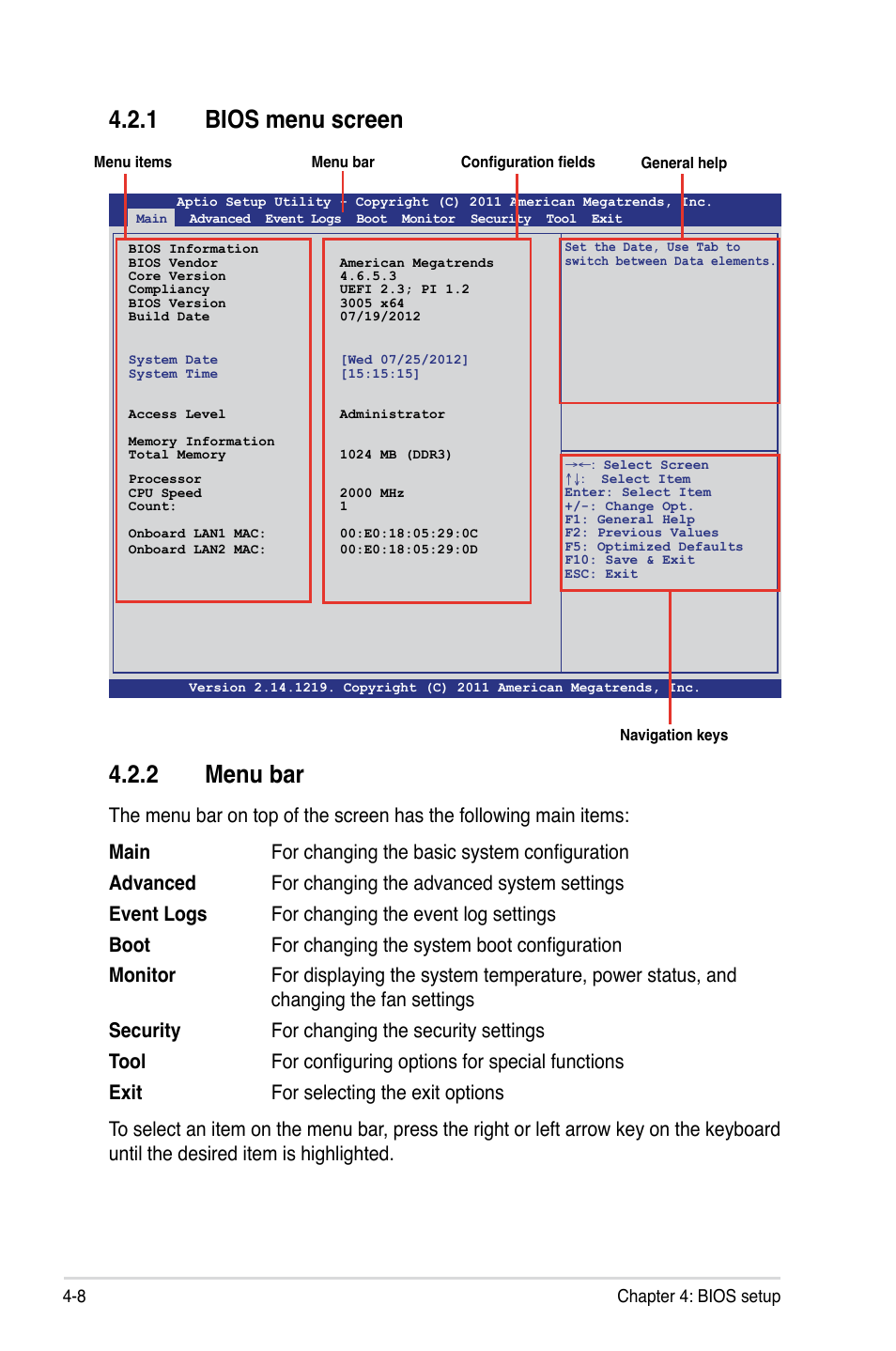 1 bios menu screen, 2 menu bar, Bios menu screen -8 | Menu bar -8 | Asus Z9PA-U8 User Manual | Page 70 / 188