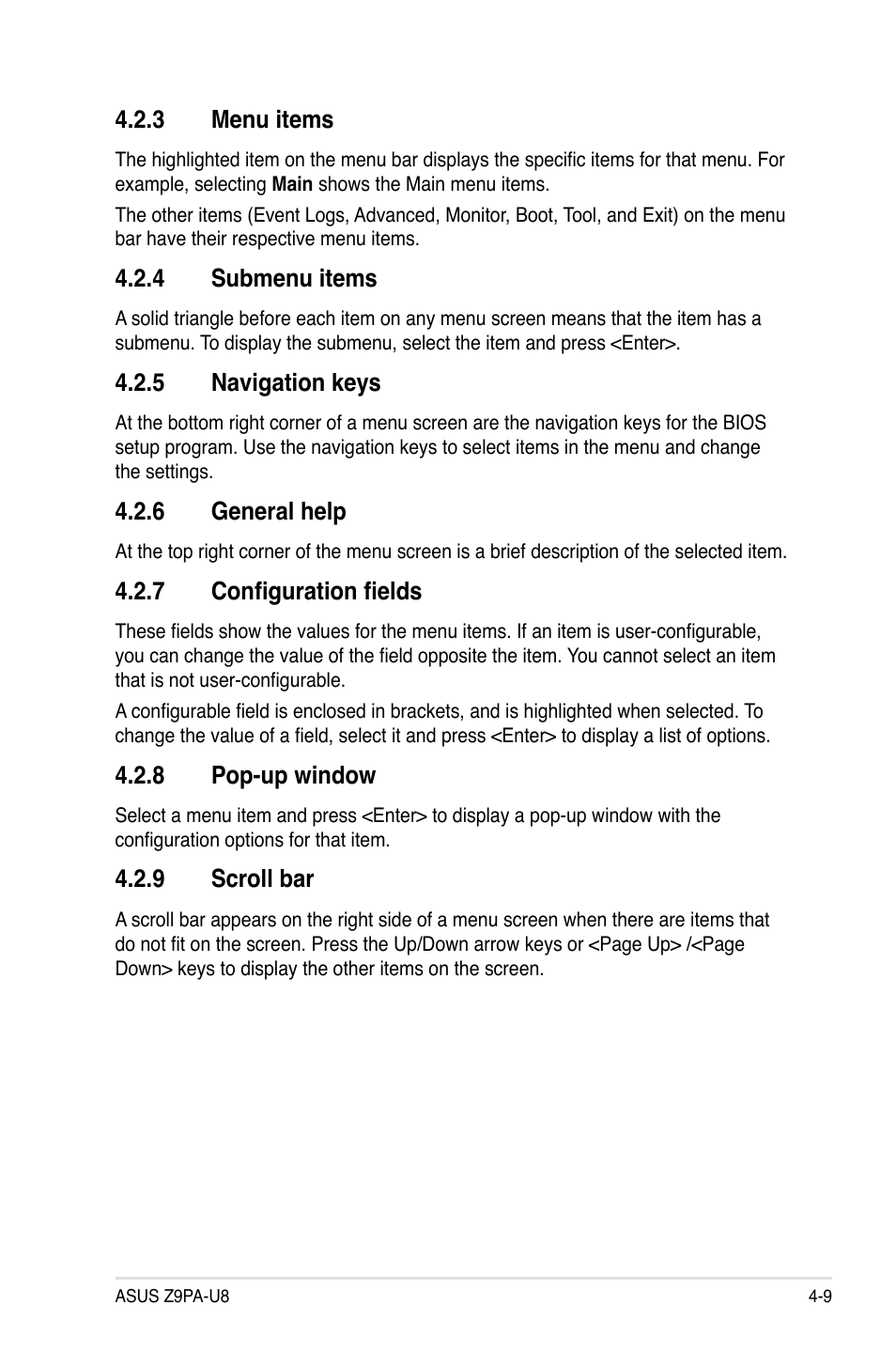 3 menu items, 4 submenu items, 5 navigation keys | 6 general help, 7 configuration fields, 8 pop-up window, 9 scroll bar, Menu items -9, Submenu items -9, Navigation keys -9 | Asus Z9PA-U8 User Manual | Page 71 / 188