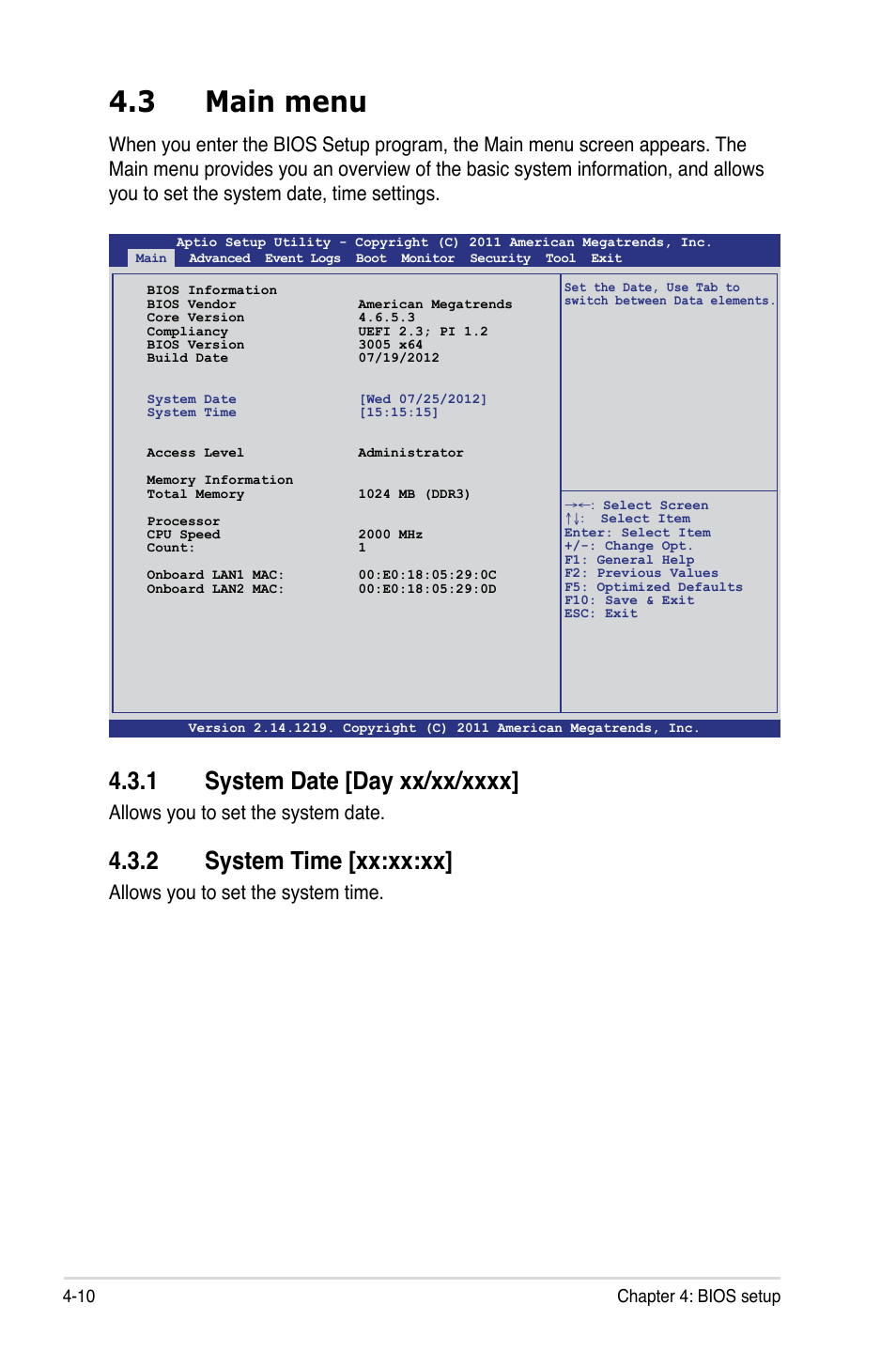 3 main menu, 1 system date [day xx/xx/xxxx, 2 system time [xx:xx:xx | Main menu -10 4.3.1, System date -10, System time -10, Main menu -10, Allows you to set the system date, Allows you to set the system time | Asus Z9PA-U8 User Manual | Page 72 / 188