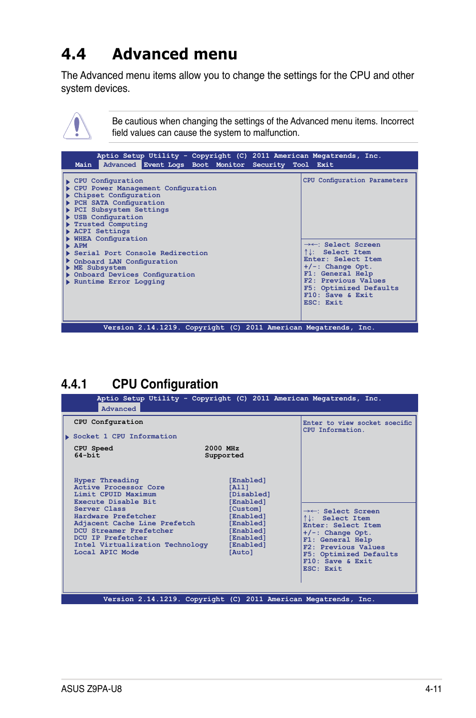 4 advanced menu, 1 cpu configuration, Advanced menu -11 4.4.1 | Cpu configuration -11, Advanced menu -11 | Asus Z9PA-U8 User Manual | Page 73 / 188