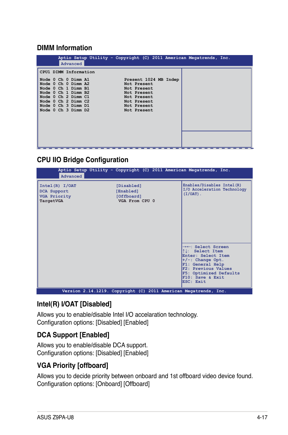 Intel(r) i/oat [disabled, Dca support [enabled, Vga priority [offboard | Cpu iio bridge configuration, Dimm information | Asus Z9PA-U8 User Manual | Page 79 / 188