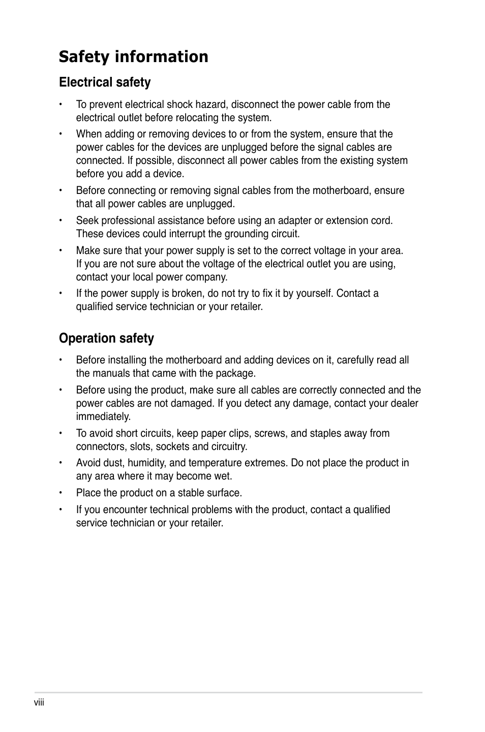 Safety information, Electrical safety, Operation safety | Asus Z9PA-U8 User Manual | Page 8 / 188