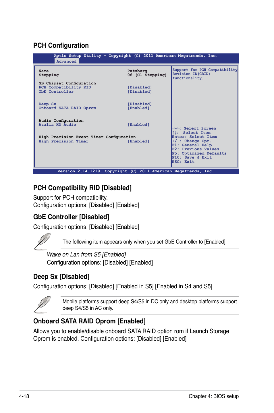 Pch configuration, Pch compatibility rid [disabled, Gbe controller [disabled | Deep sx [disabled, Onboard sata raid oprom [enabled, Configuration options: [disabled] [enabled | Asus Z9PA-U8 User Manual | Page 80 / 188