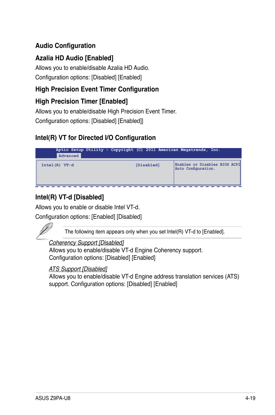 Intel(r) vt-d [disabled, Intel(r) vt for directed i/o configuration, Audio configuration azalia hd audio [enabled | Asus Z9PA-U8 User Manual | Page 81 / 188