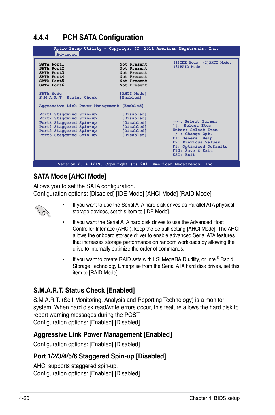 4 pch sata configuration, Pch sata configuration -20, Sata mode [ahci mode | S.m.a.r.t. status check [enabled, Aggressive link power management [enabled, Configuration options: [enabled] [disabled | Asus Z9PA-U8 User Manual | Page 82 / 188