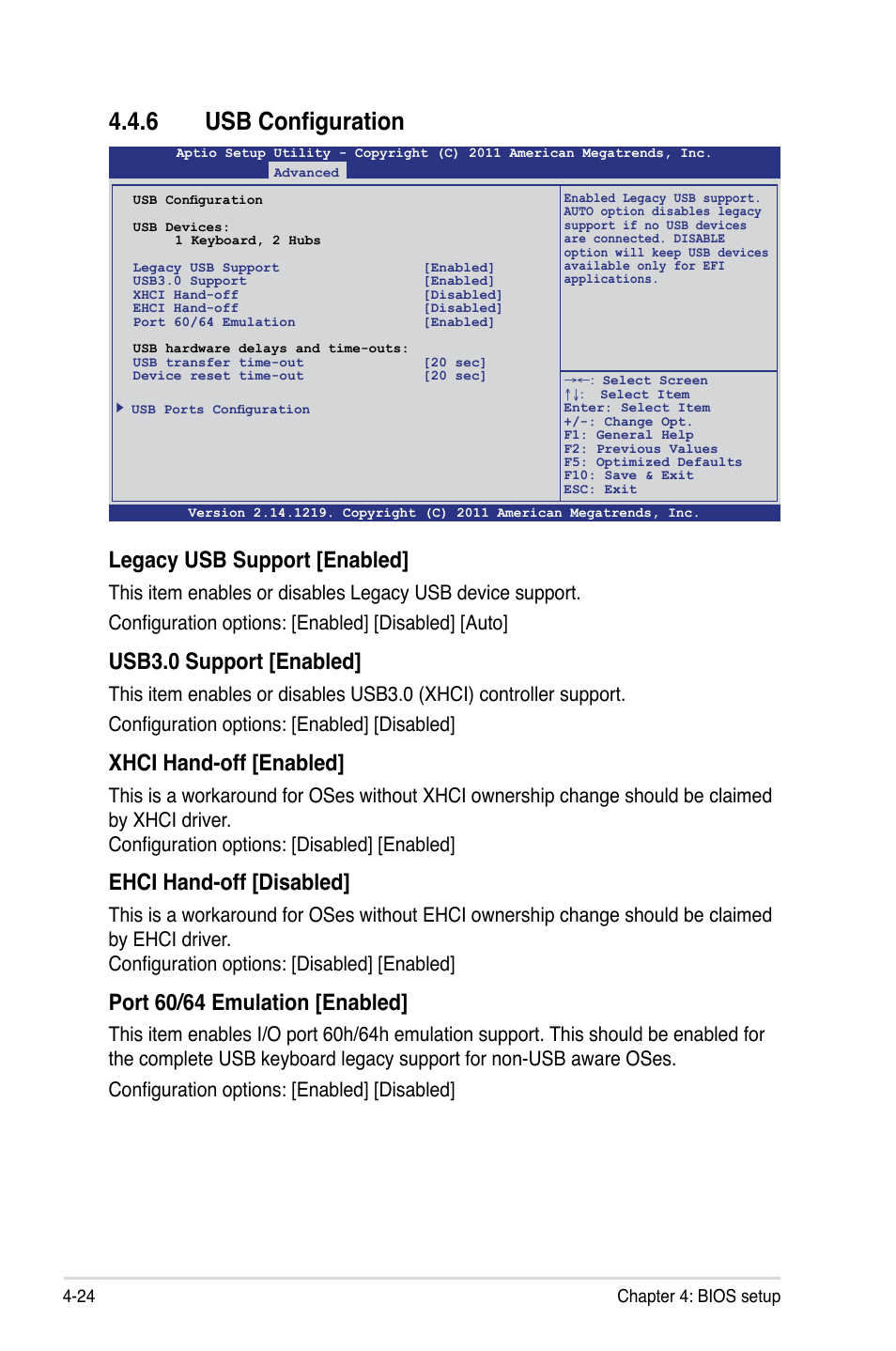 6 usb configuration, Usb configuration -24, Legacy usb support [enabled | Usb3.0 support [enabled, Xhci hand-off [enabled, Ehci hand-off [disabled, Port 60/64 emulation [enabled | Asus Z9PA-U8 User Manual | Page 86 / 188