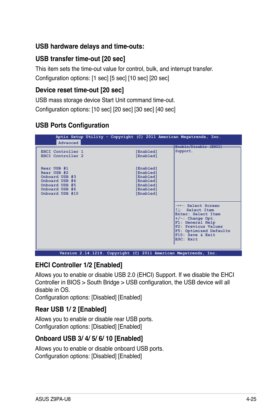 Usb ports configuration, Ehci controller 1/2 [enabled, Rear usb 1/ 2 [enabled | Device reset time-out [20 sec | Asus Z9PA-U8 User Manual | Page 87 / 188