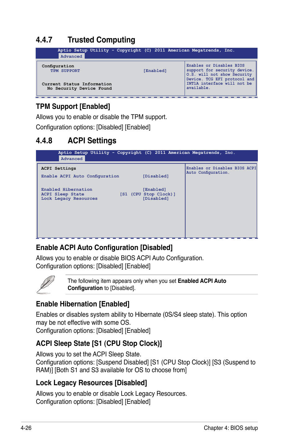 7 trusted computing, 8 acpi settings, Trusted computing -26 | Acpi settings -26, Enable acpi auto configuration [disabled, Enable hibernation [enabled, Acpi sleep state [s1 (cpu stop clock), Lock legacy resources [disabled, Tpm support [enabled | Asus Z9PA-U8 User Manual | Page 88 / 188