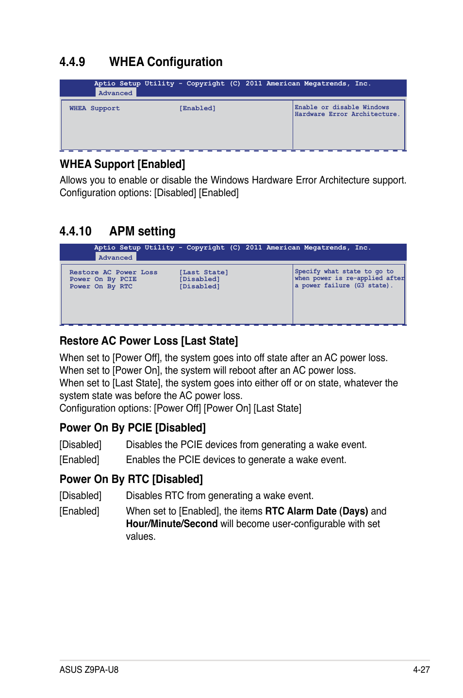 9 whea configuration, 10 apm setting, Whea configuration -27 | 10 apm setting -27, Restore ac power loss [last state, Power on by pcie [disabled, Power on by rtc [disabled, Whea support [enabled | Asus Z9PA-U8 User Manual | Page 89 / 188