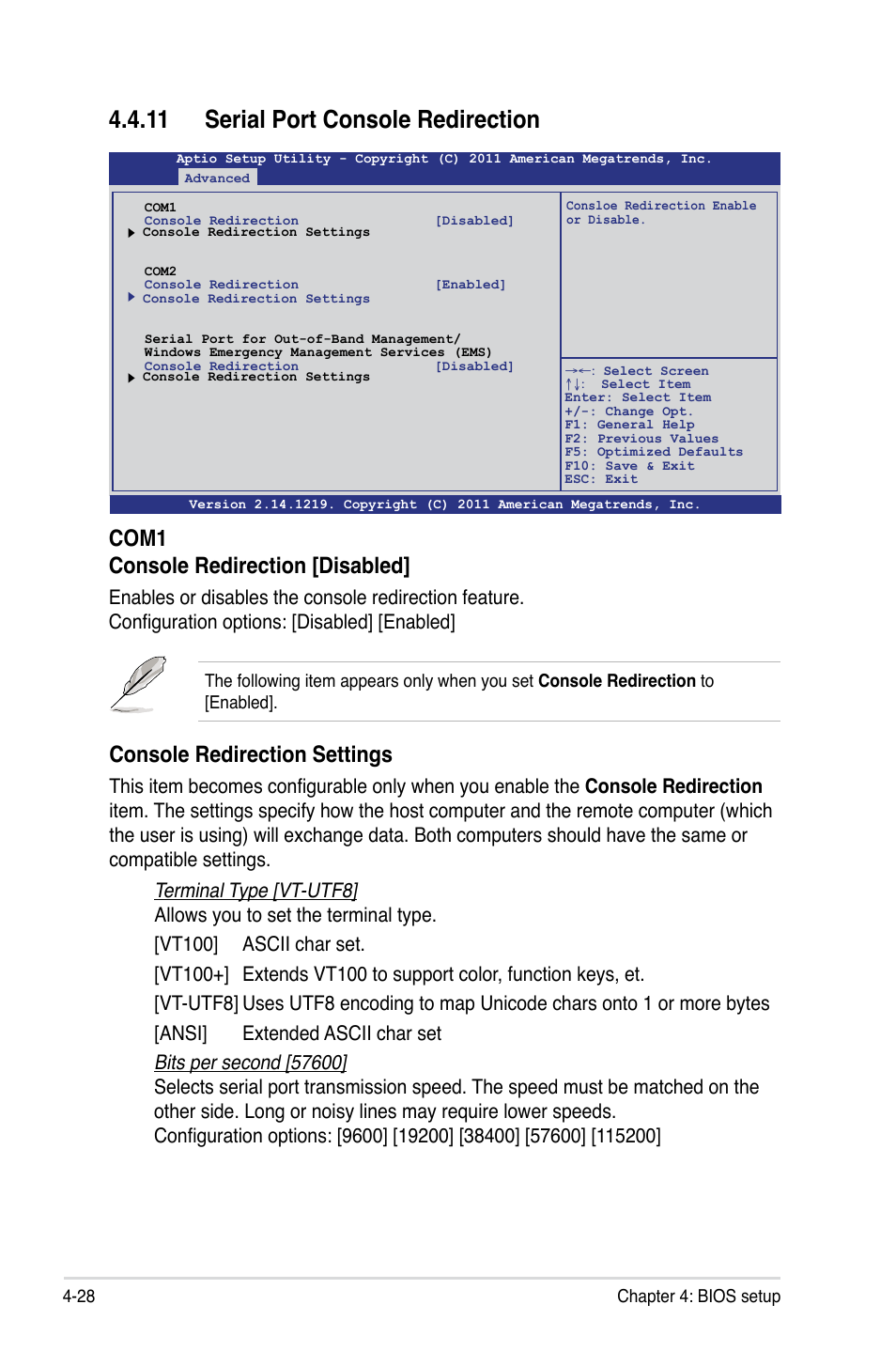 11 serial port console redirection, 11 serial port console redirection -28, Console redirection settings | Com1 console redirection [disabled | Asus Z9PA-U8 User Manual | Page 90 / 188