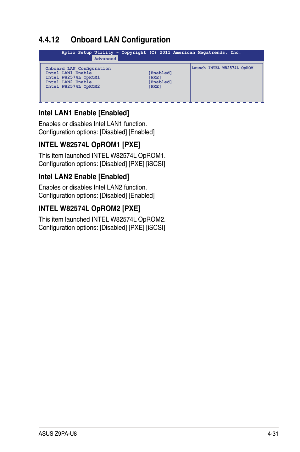 12 onboard lan configuration, 12 onboard lan configuration -31, Intel lan1 enable [enabled | Intel lan2 enable [enabled | Asus Z9PA-U8 User Manual | Page 93 / 188