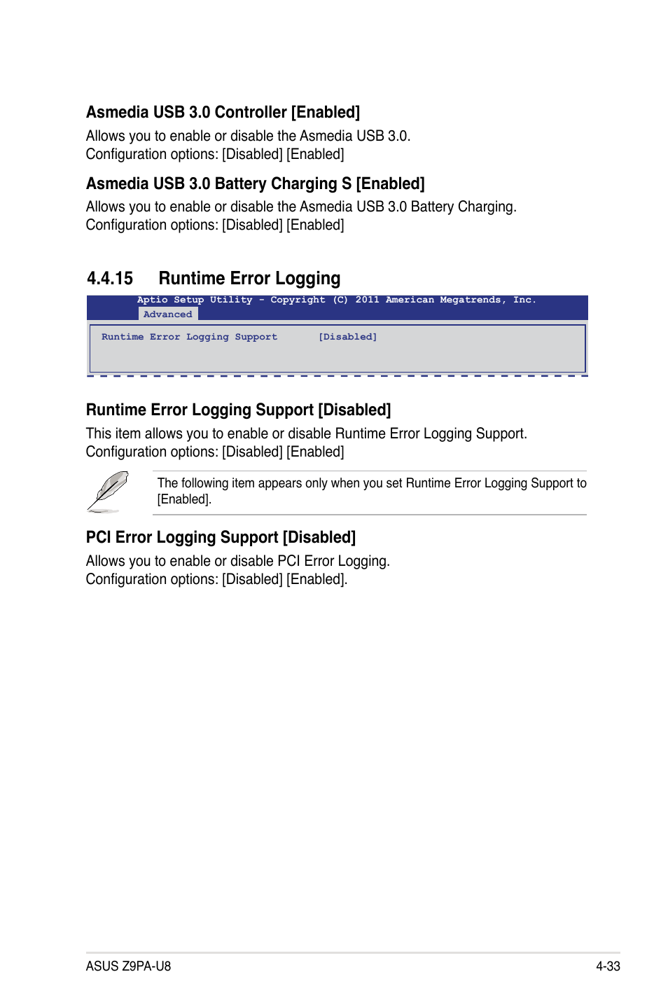 15 runtime error logging, 15 runtime error logging -33, Runtime error logging support [disabled | Pci error logging support [disabled, Asmedia usb 3.0 controller [enabled, Asmedia usb 3.0 battery charging s [enabled | Asus Z9PA-U8 User Manual | Page 95 / 188