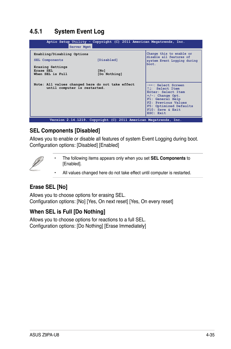 1 system event log, System event log -35, Sel components [disabled | Erase sel [no, When sel is full [do nothing | Asus Z9PA-U8 User Manual | Page 97 / 188