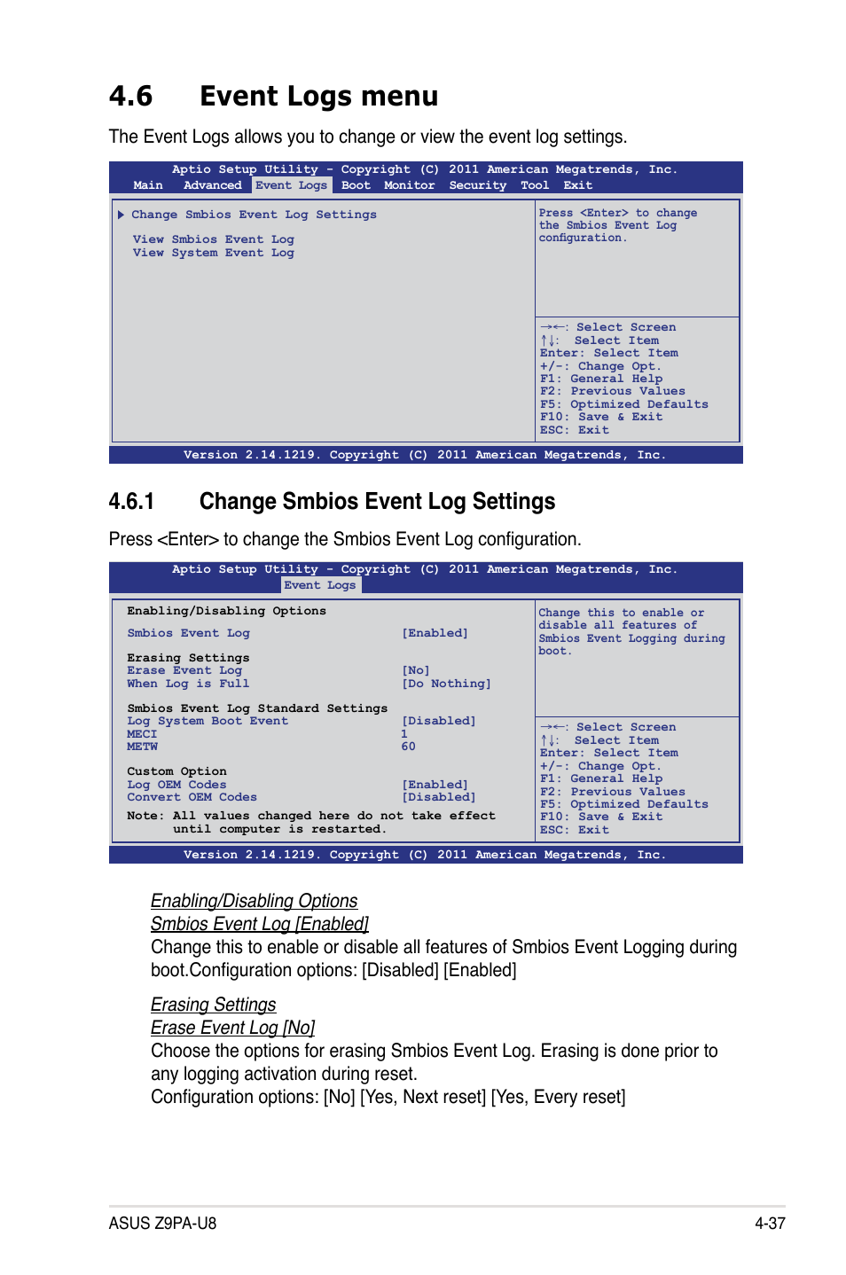 6 event logs menu, 1 change smbios event log settings, Event logs menu -37 4.6.1 | Change smbios event log settings -37, Event logs menu -37 | Asus Z9PA-U8 User Manual | Page 99 / 188