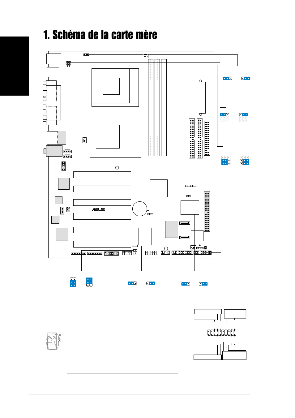 Schéma de la carte mère, Français, Carte mère asus a7v8x | Via kt400, Pci1, Super i/o, Chipset socket 462, Panel1, A7v8x | Asus A7V8X User Manual | Page 2 / 16