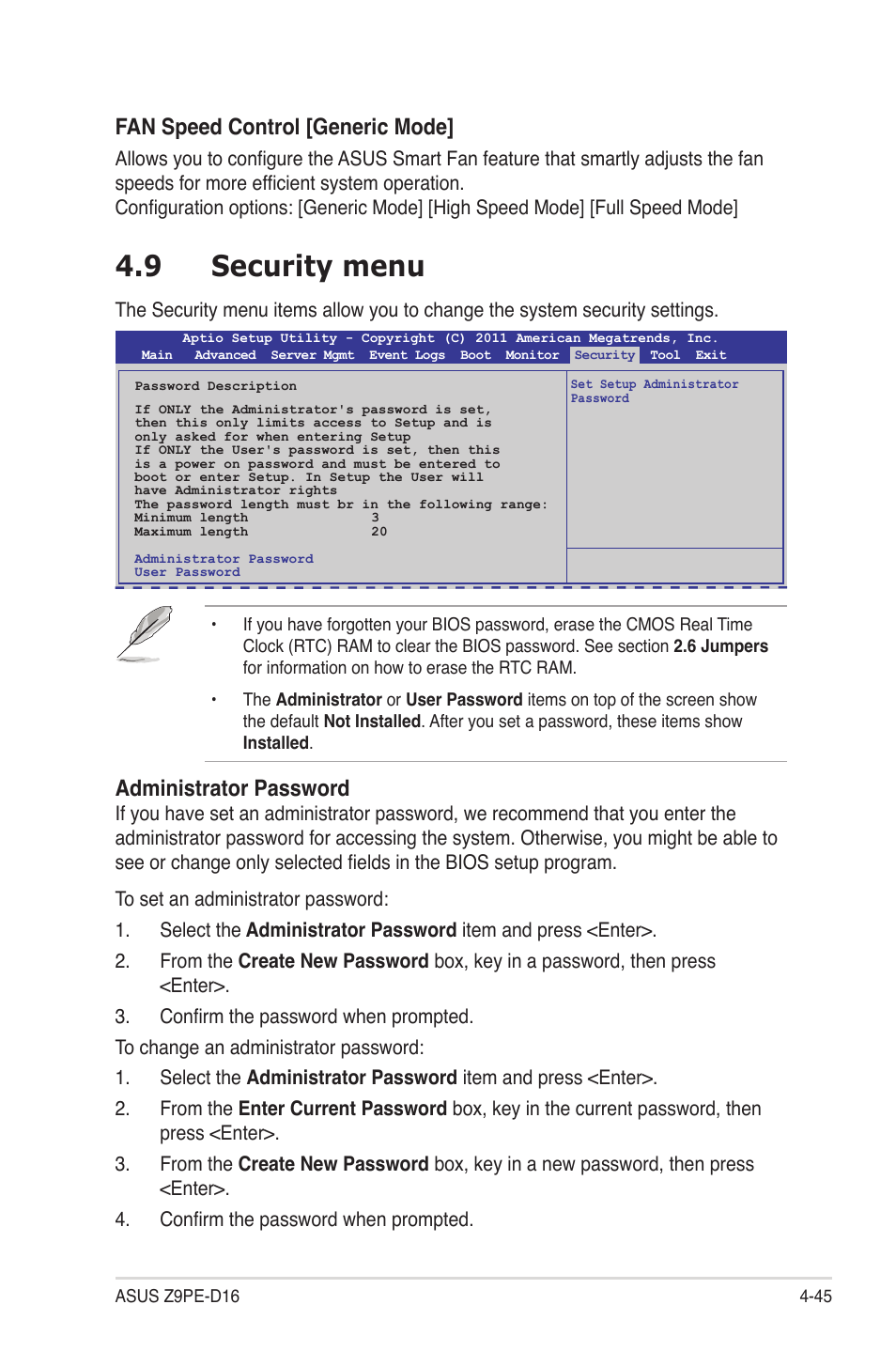 9 security menu, Security menu -45, Fan speed control [generic mode | Administrator password | Asus Z9PE-D16 User Manual | Page 101 / 184