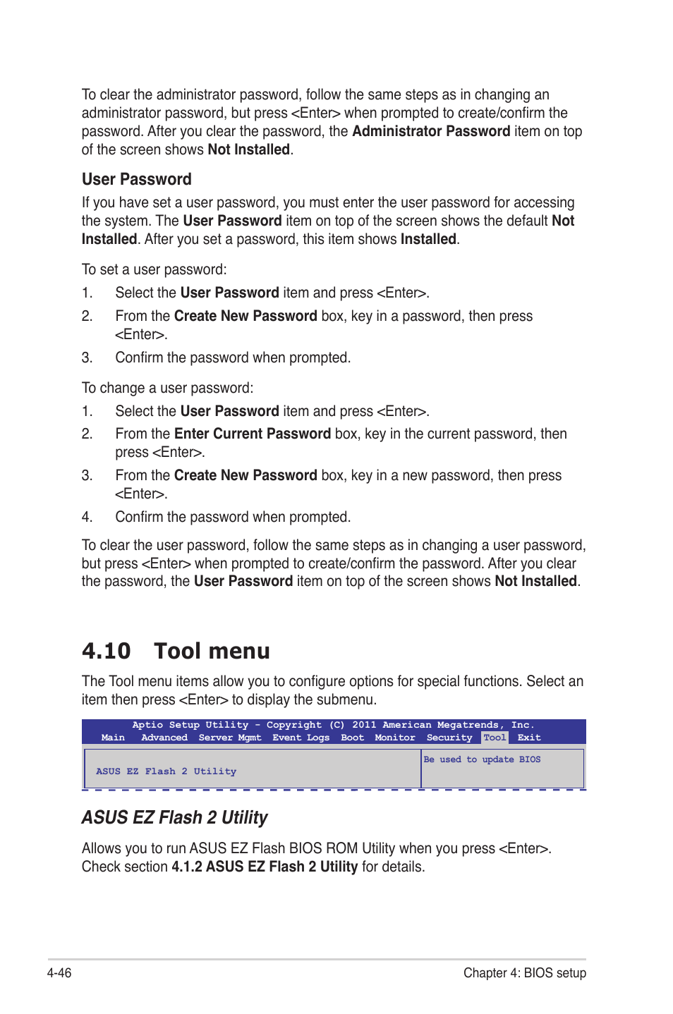 10 tool menu, 10 tool menu -46, Asus ez flash 2 utility | User password | Asus Z9PE-D16 User Manual | Page 102 / 184