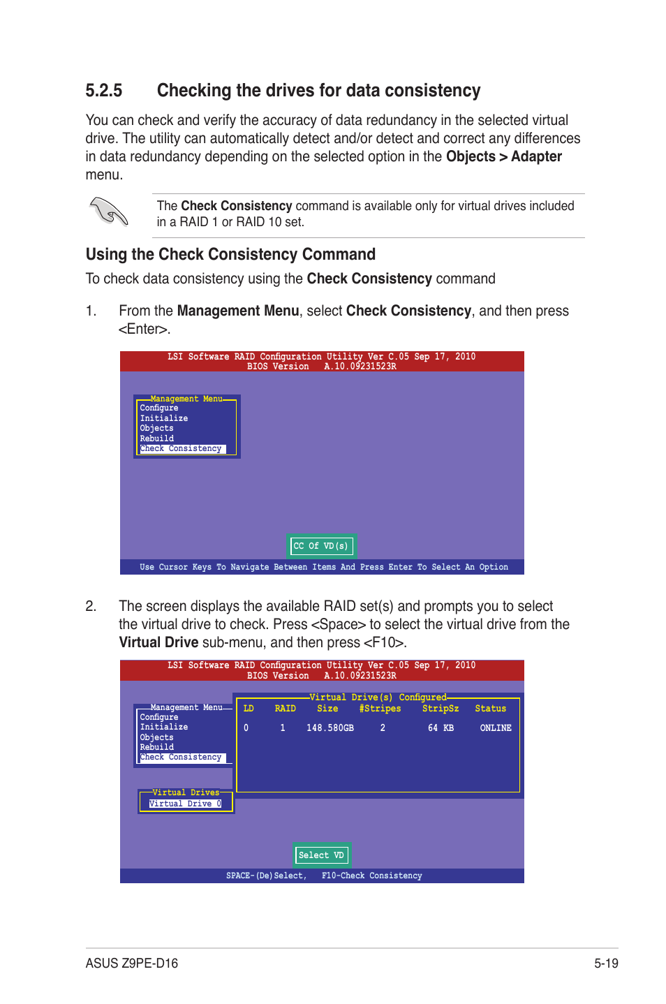 5 checking the drives for data consistency, Checking the drives for data consistency -19, Using the check consistency command | Asus Z9PE-D16 User Manual | Page 123 / 184