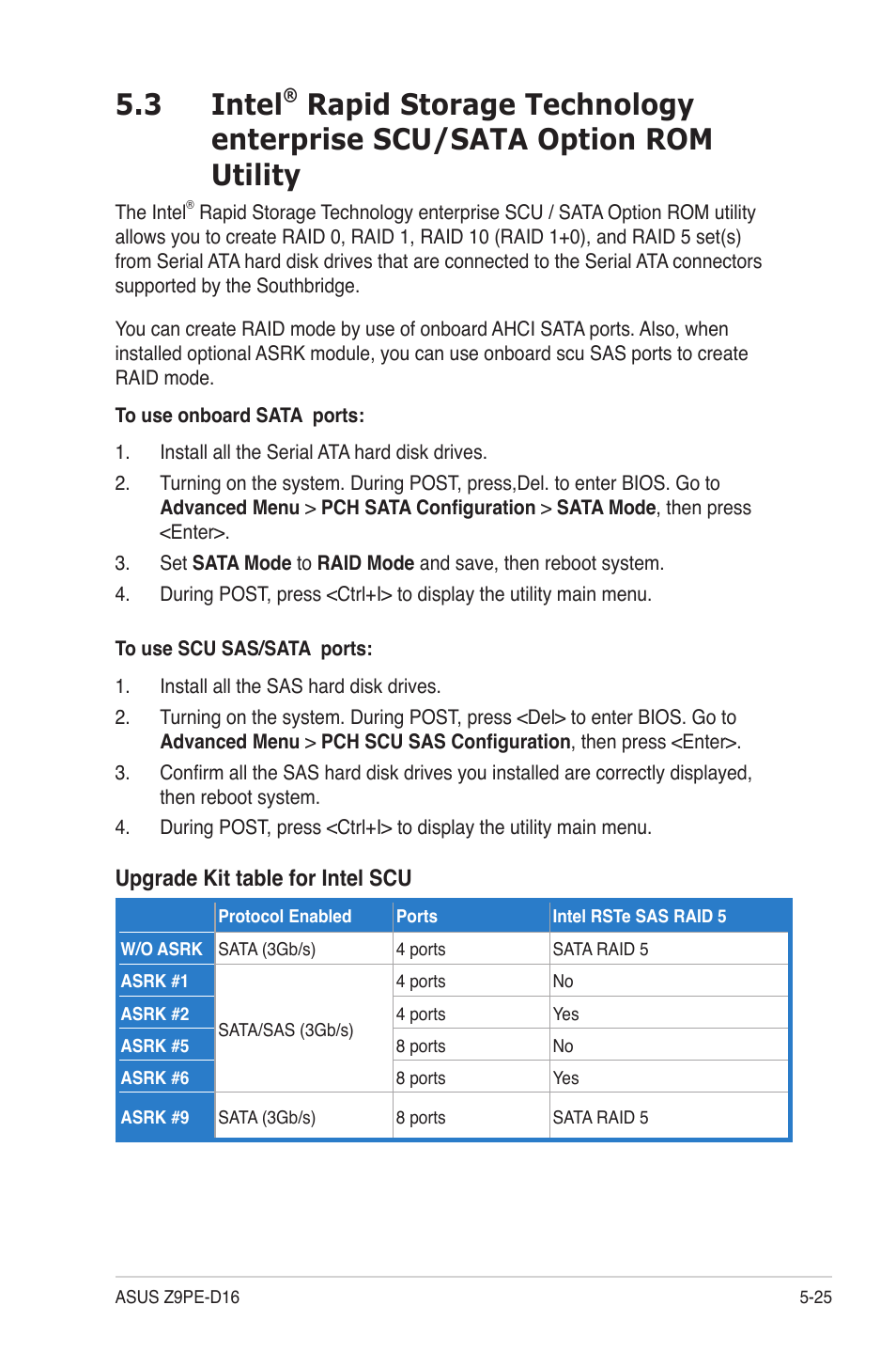 Intel, Rapid storage technology enterprise scu/sata, Option rom utility -25 | 3 intel | Asus Z9PE-D16 User Manual | Page 129 / 184