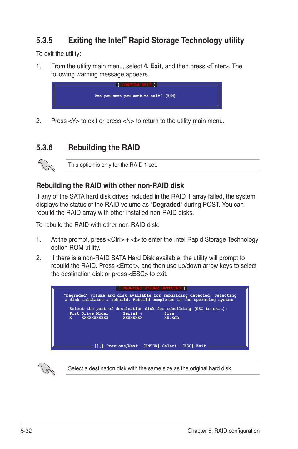 6 rebuilding the raid, Exiting the intel, Rapid storage technology utility -32 | Rebuilding the raid -32, 5 exiting the intel, Rapid storage technology utility, Rebuilding the raid with other non-raid disk | Asus Z9PE-D16 User Manual | Page 136 / 184