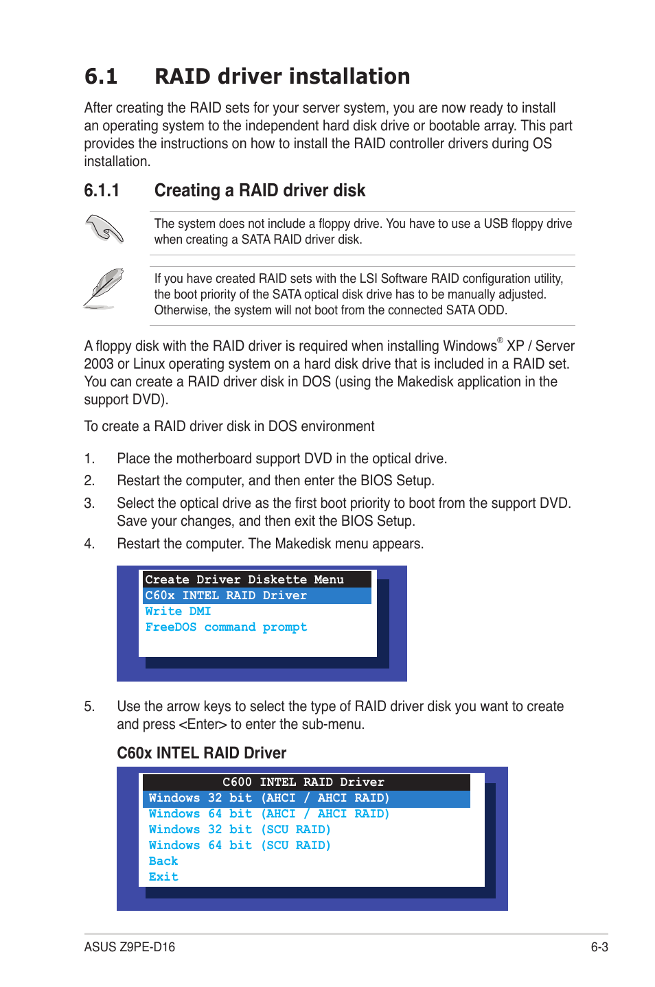 1 raid driver installation, 1 creating a raid driver disk, Raid driver installation -3 6.1.1 | Creating a raid driver disk -3 | Asus Z9PE-D16 User Manual | Page 147 / 184