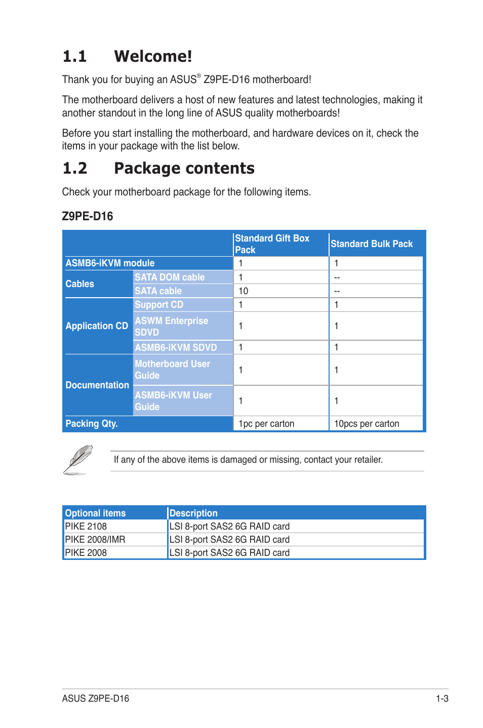 1 welcome, 2 package contents, Welcome! -3 | Package contents -3, Z9pe-d16 | Asus Z9PE-D16 User Manual | Page 15 / 184