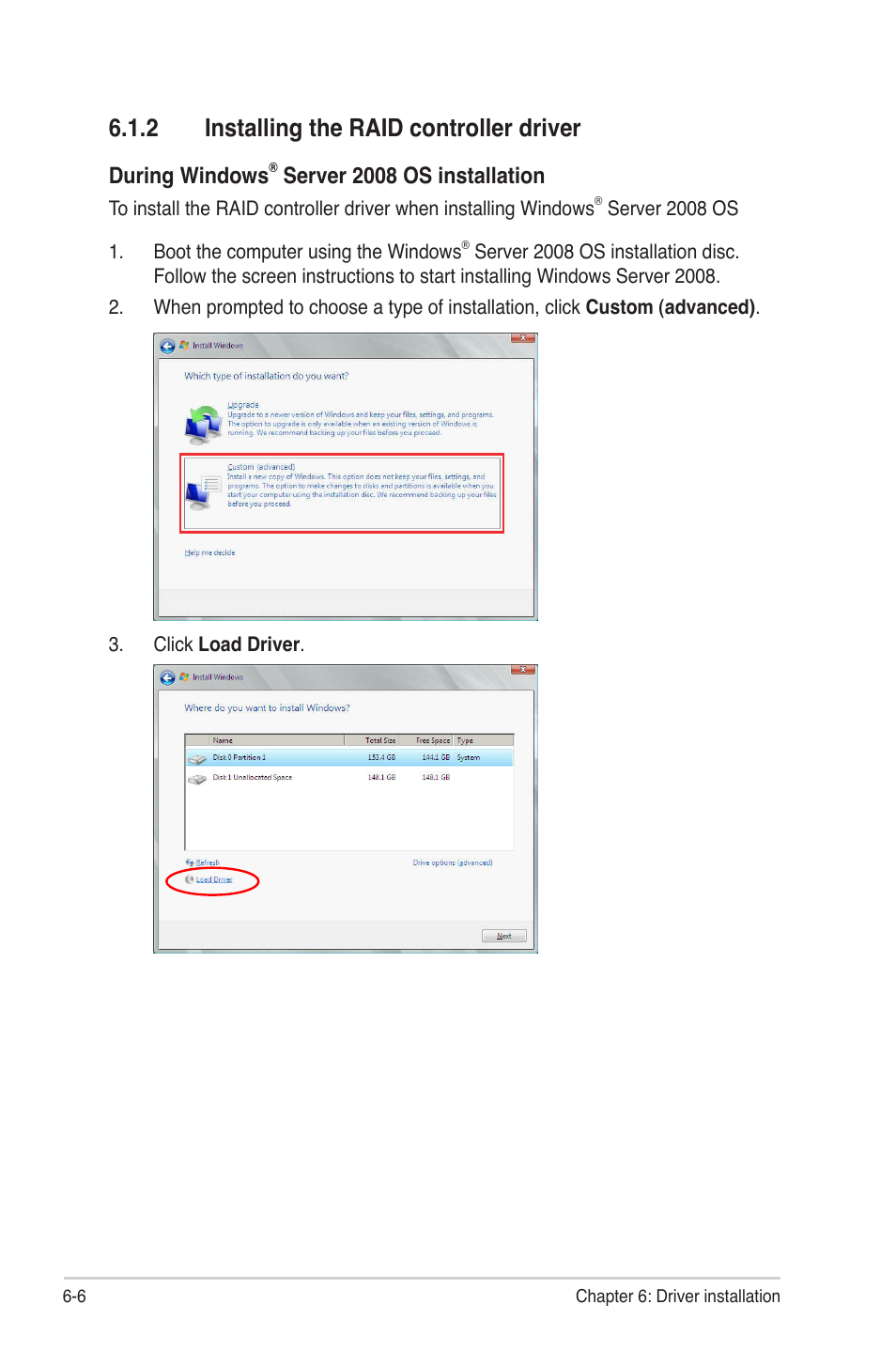 2 installing the raid controller driver, Installing the raid controller driver -6, During windows | Server 2008 os installation | Asus Z9PE-D16 User Manual | Page 150 / 184