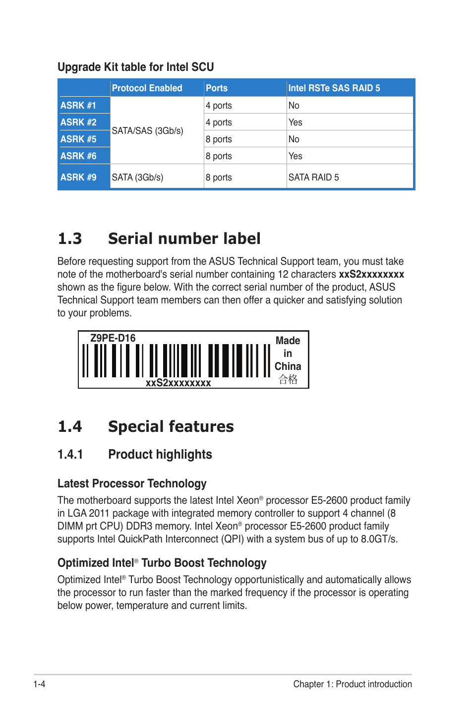 3 serial number label, 4 special features, 1 product highlights | Serial number label -4, Special features -4 1.4.1, Product highlights -4 | Asus Z9PE-D16 User Manual | Page 16 / 184