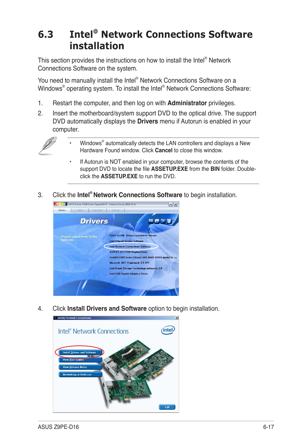 Intel, Network connections software installation -17, 3 intel | Network connections software installation | Asus Z9PE-D16 User Manual | Page 161 / 184