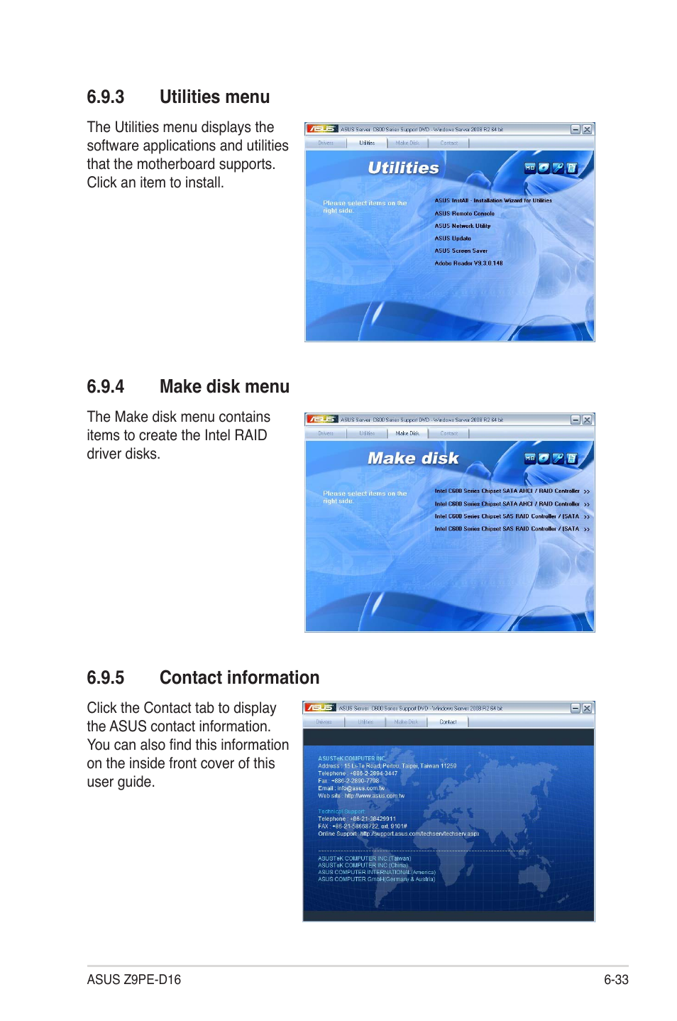 3 utilities menu, 4 make disk menu, 5 contact information | Utilities menu -33, Make disk menu -33, Contact information -33 | Asus Z9PE-D16 User Manual | Page 177 / 184