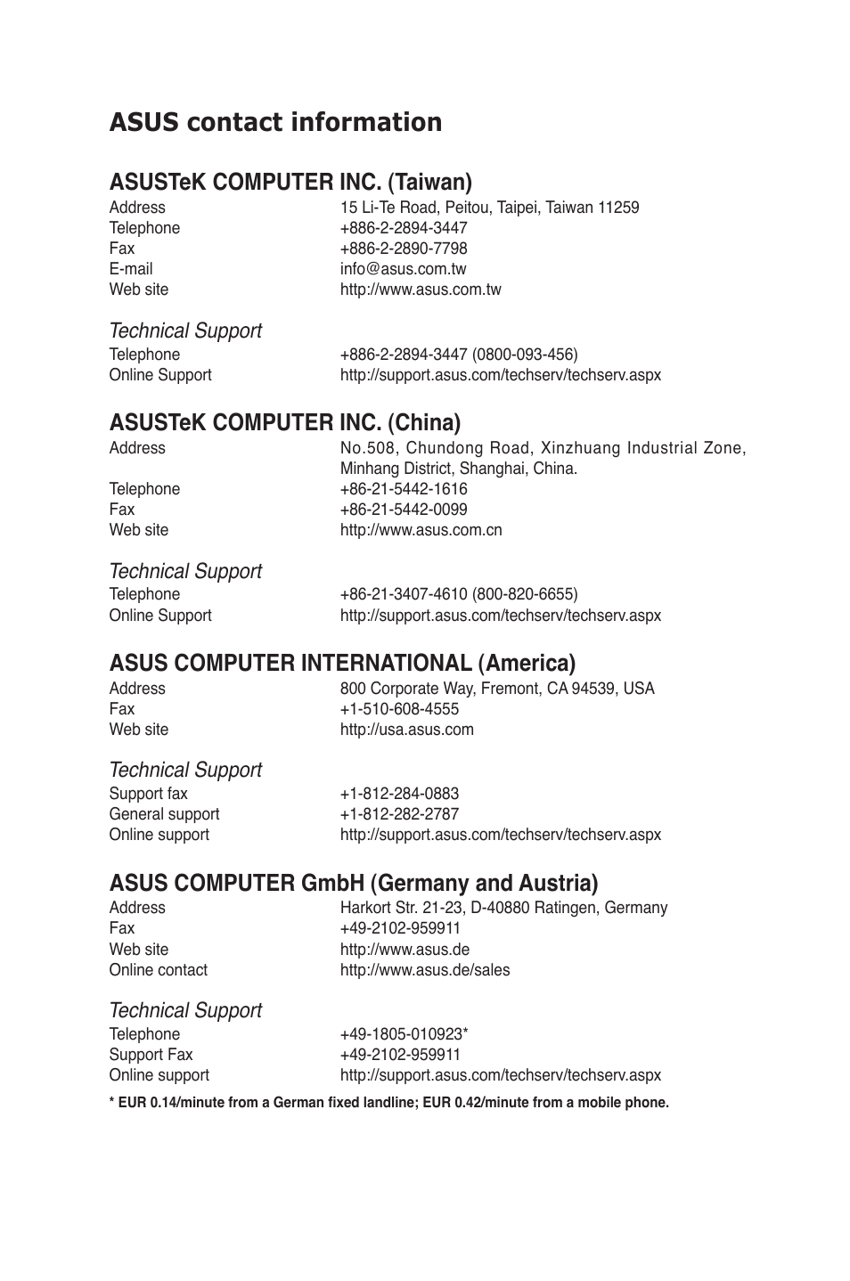 Asus contact information, Asustek computer inc. (taiwan), Asustek computer inc. (china) | Asus computer international (america), Asus computer gmbh (germany and austria), Technical support | Asus Z9PE-D16 User Manual | Page 183 / 184