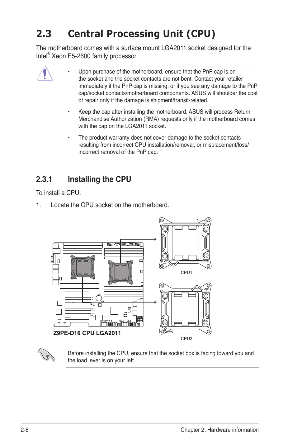 3 central processing unit (cpu), 1 installing the cpu, Central processing unit (cpu) -8 2.3.1 | Installing the cpu -8 | Asus Z9PE-D16 User Manual | Page 26 / 184