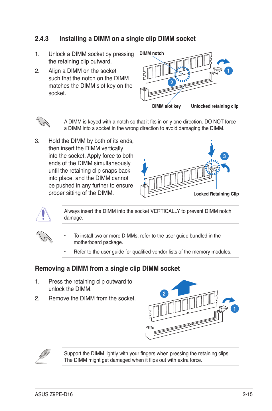 3 installing a dimm on a single clip dimm socket, Removing a dimm from a single clip dimm socket | Asus Z9PE-D16 User Manual | Page 33 / 184