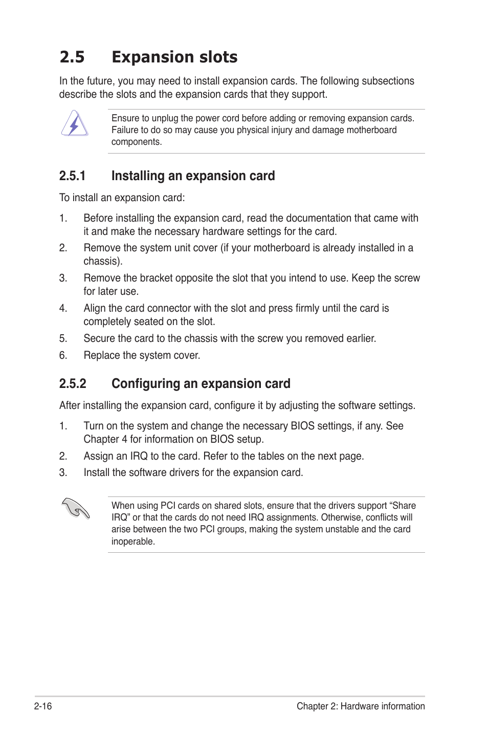 5 expansion slots, 1 installing an expansion card, 2 configuring an expansion card | Expansion slots -16 2.5.1, Installing an expansion card -16, Configuring an expansion card -16 | Asus Z9PE-D16 User Manual | Page 34 / 184