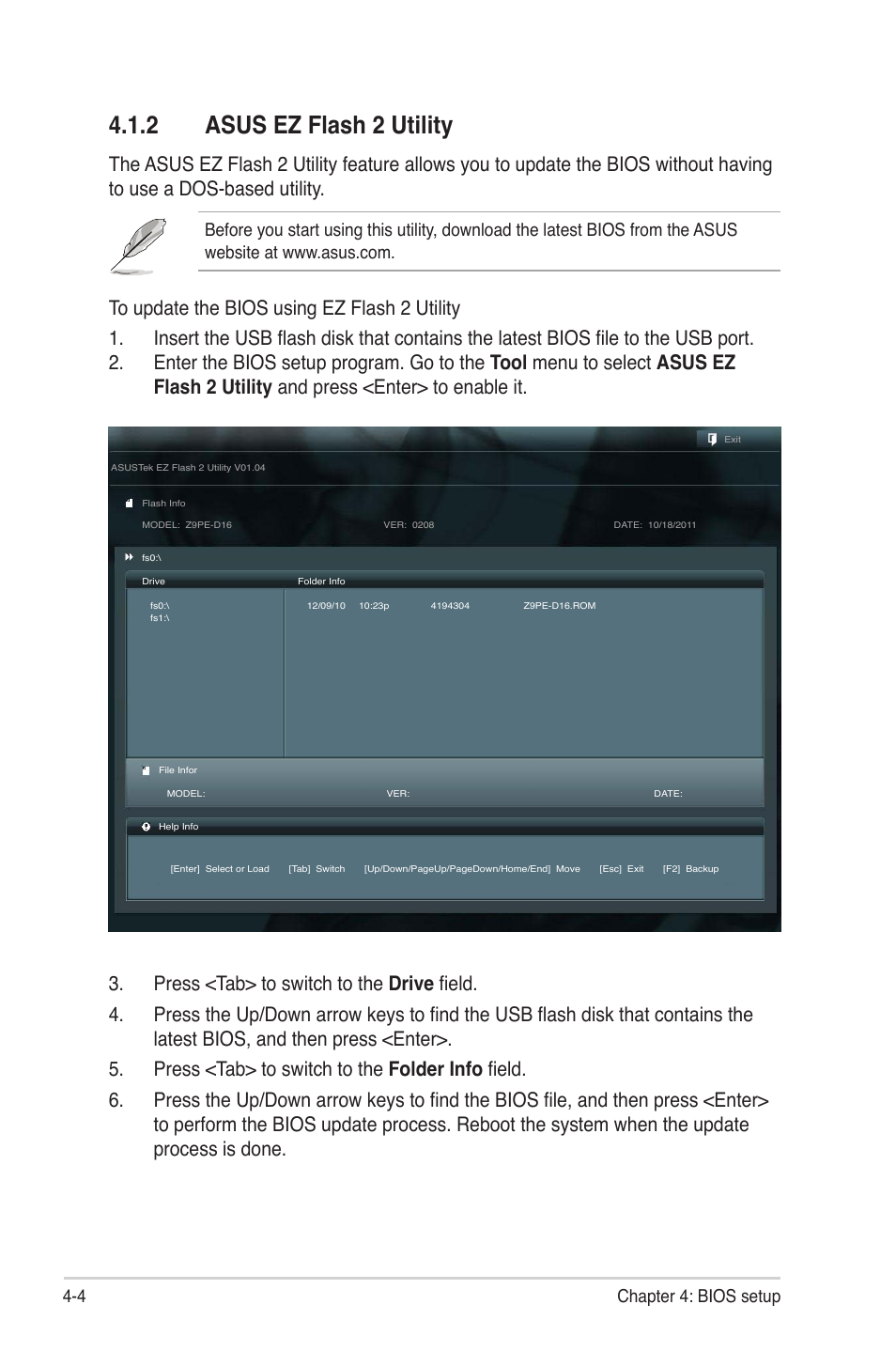 2 asus ez flash 2 utility, Asus ez flash 2 utility -4, 4 chapter 4: bios setup | Asus Z9PE-D16 User Manual | Page 60 / 184