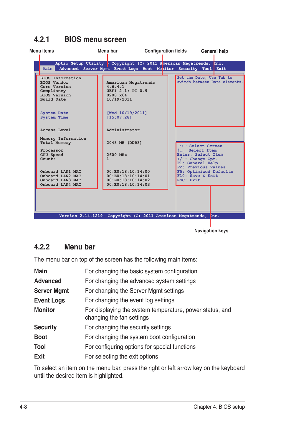 1 bios menu screen, 2 menu bar, Bios menu screen -8 | Menu bar -8 | Asus Z9PE-D16 User Manual | Page 64 / 184