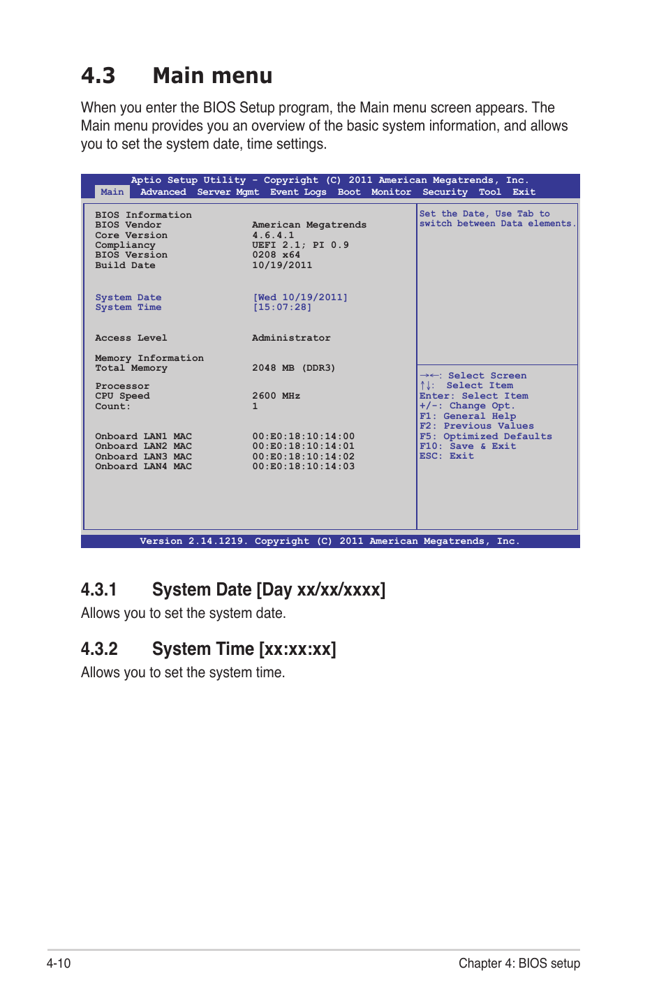 3 main menu, 1 system date [day xx/xx/xxxx, 2 system time [xx:xx:xx | Main menu -10 4.3.1, System date [day xx/xx/xxxx] -10, System time [xx:xx:xx] -10, Main menu -10, Allows you to set the system date, Allows you to set the system time | Asus Z9PE-D16 User Manual | Page 66 / 184