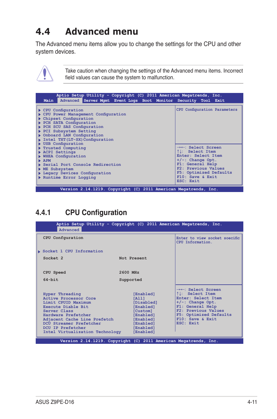 4 advanced menu, 1 cpu configuration, Advanced menu -11 4.4.1 | Cpu configuration -11, Advanced menu -11 | Asus Z9PE-D16 User Manual | Page 67 / 184
