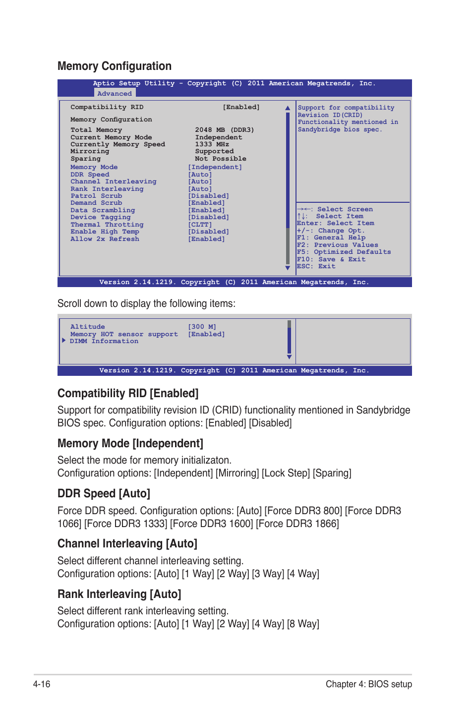 Compatibility rid [enabled, Ddr speed [auto, Channel interleaving [auto | Rank interleaving [auto, Scroll down to display the following items | Asus Z9PE-D16 User Manual | Page 72 / 184