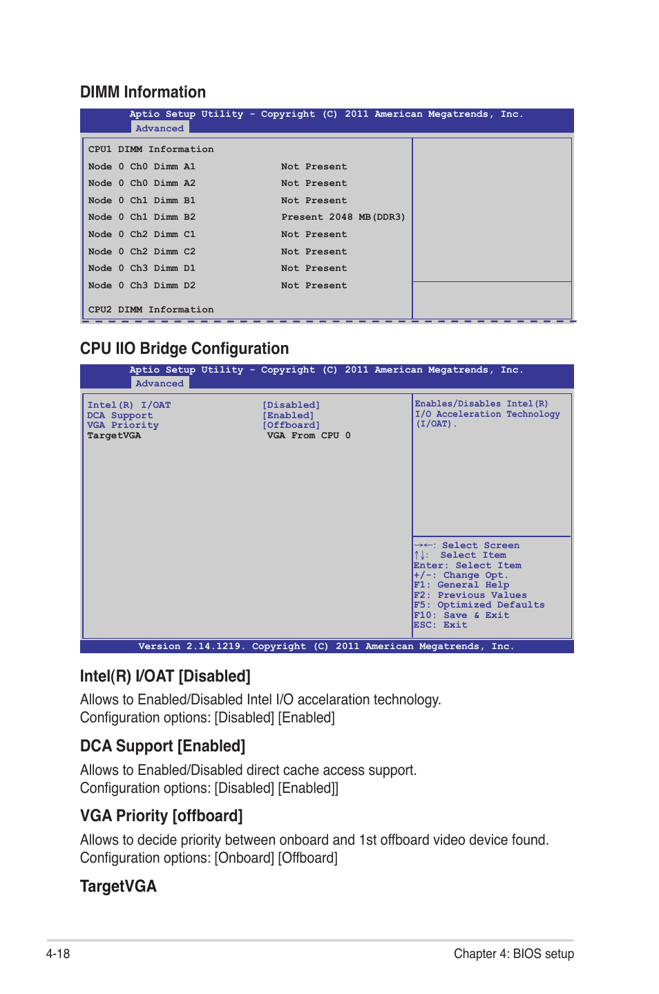 Intel(r) i/oat [disabled, Dca support [enabled, Vga priority [offboard | Targetvga cpu iio bridge configuration, Dimm information | Asus Z9PE-D16 User Manual | Page 74 / 184