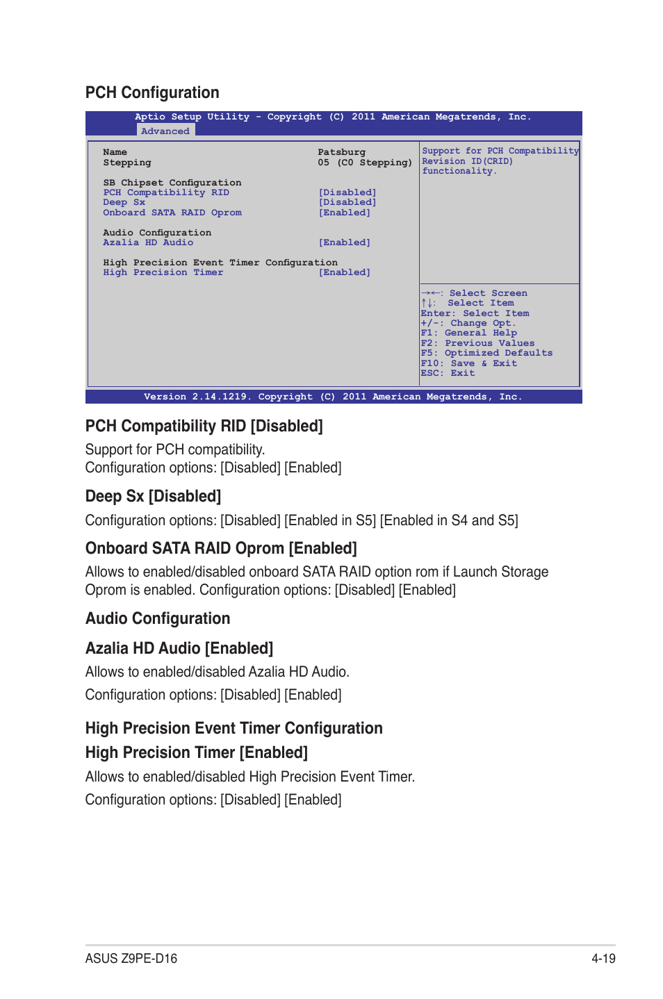 Pch configuration pch compatibility rid [disabled, Deep sx [disabled, Onboard sata raid oprom [enabled | Audio configuration azalia hd audio [enabled | Asus Z9PE-D16 User Manual | Page 75 / 184