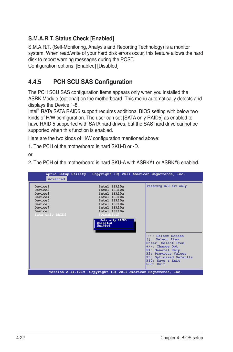 5 pch scu sas configuration, Pch scu sas configuration -22, S.m.a.r.t. status check [enabled | Asus Z9PE-D16 User Manual | Page 78 / 184