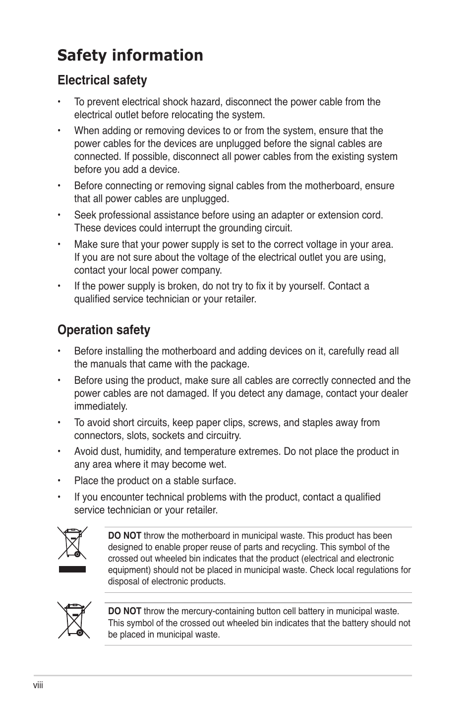 Safety information, Electrical safety, Operation safety | Asus Z9PE-D16 User Manual | Page 8 / 184