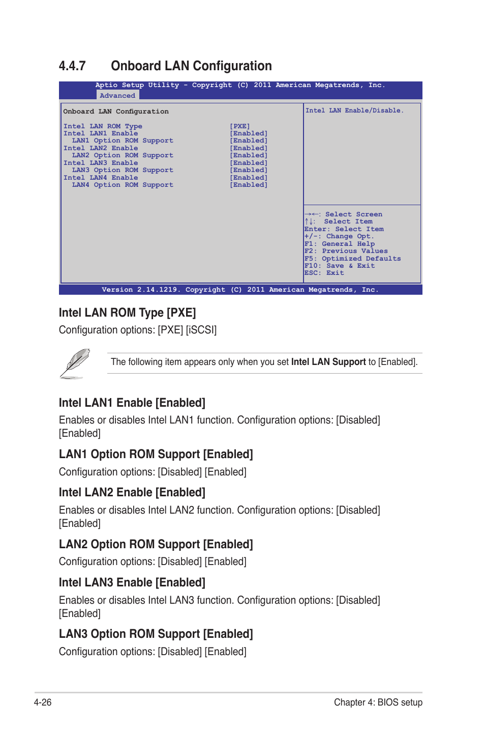 7 onboard lan configuration, Onboard lan configuration -26, Intel lan1 enable [enabled | Lan1 option rom support [enabled, Intel lan2 enable [enabled, Lan2 option rom support [enabled, Intel lan3 enable [enabled, Lan3 option rom support [enabled, Intel lan rom type [pxe, Configuration options: [disabled] [enabled | Asus Z9PE-D16 User Manual | Page 82 / 184