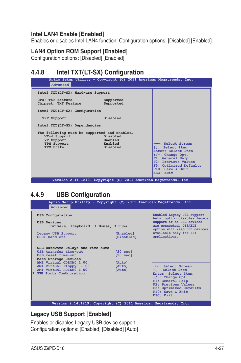 8 intel txt(lt-sx) configuration, 9 usb configuration, Intel txt(lt-sx) configuration -27 | Usb configuration -27, Intel lan4 enable [enabled, Lan4 option rom support [enabled, Legacy usb support [enabled, Configuration options: [disabled] [enabled | Asus Z9PE-D16 User Manual | Page 83 / 184