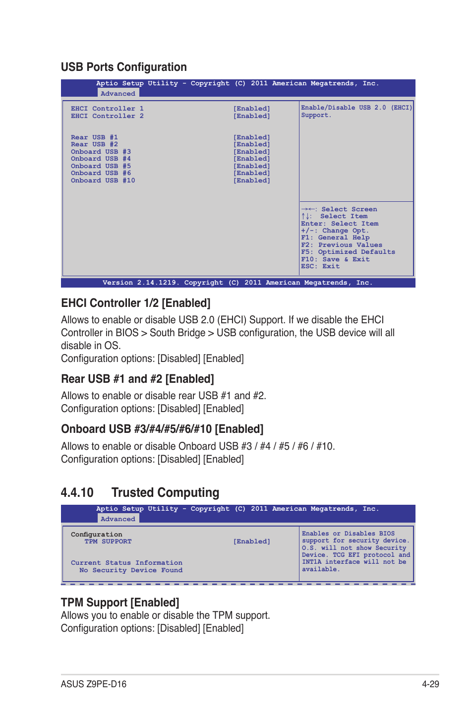 10 trusted computing, 10 trusted computing -29, Usb ports configuration | Tpm support [enabled, Ehci controller 1/2 [enabled, Rear usb #1 and #2 [enabled | Asus Z9PE-D16 User Manual | Page 85 / 184