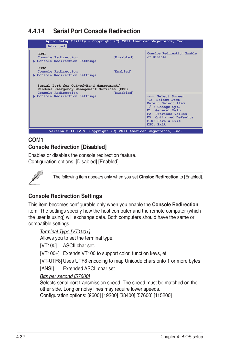 14 serial port console redirection, 14 serial port console redirection -32, Console redirection settings | Com1 console redirection [disabled | Asus Z9PE-D16 User Manual | Page 88 / 184