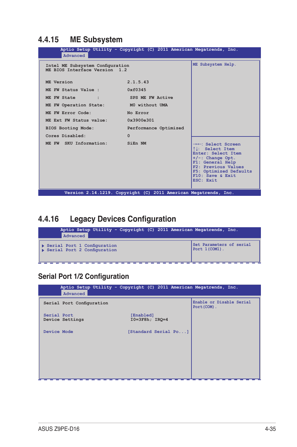 15 me subsystem, 16 legacy devices configuration, Serial port 1/2 configuration | Asus Z9PE-D16 User Manual | Page 91 / 184