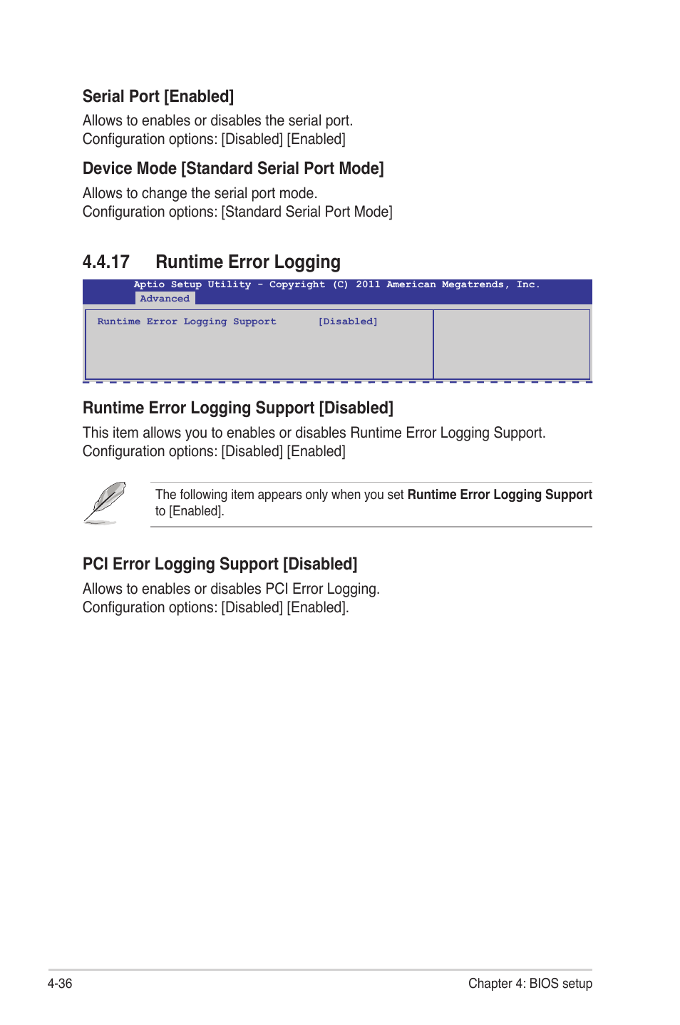 17 runtime error logging, 17 runtime error logging -36, Runtime error logging support [disabled | Serial port [enabled, Device mode [standard serial port mode, Pci error logging support [disabled | Asus Z9PE-D16 User Manual | Page 92 / 184